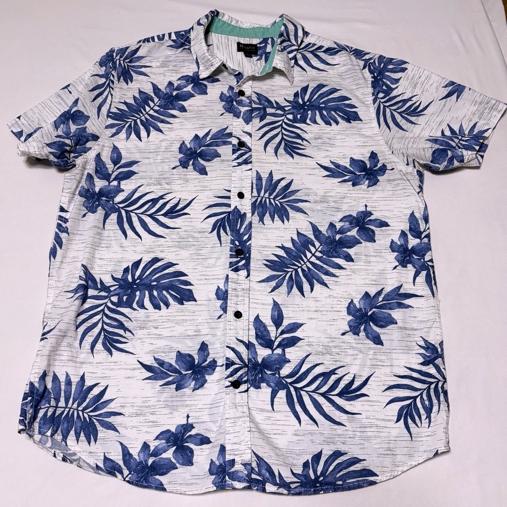 Matix Mens Large Hawaiian Shirt Blue White Tropical Floral Short‎ Sleeve Button